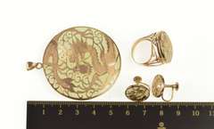 10K Yellow Gold Jade Chinese Dragon Set Pendant Earrings Ring