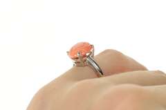 10K White Gold Retro Carved Flower Coral Cabochon Statement Ring