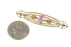 10K Yellow Gold Art Deco Pink Topaz Filigree Ornate Bar Pin/Brooch
