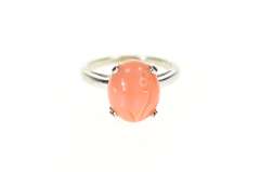 10K White Gold Retro Carved Flower Coral Cabochon Statement Ring