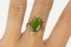 18K Yellow Gold Oval Nephrite Retro Burst Design Cocktail Ring