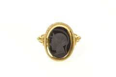 18K Yellow Gold Ornate Carved Black Onyx Intaglio Scrollwork Ring