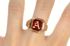 10K Yellow Gold A Etched Engraved Monogram Initial Syn. Ruby Ring