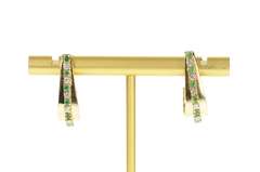 10K Yellow Gold Retro Diamond Emerald Curved Bar Semi Hoop Earrings