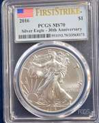 2016 $1 AMERICAN SILVER EAGLE PCGS MS70 FLAG FIRST STRIKE LABEL 30th ANNIVERSARY