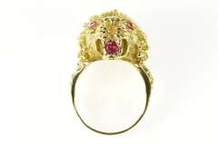 14K Yellow Gold 1960's Ornate Ruby Lion Statement Men's Ring