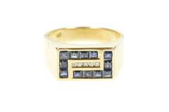 14K Yellow Gold Princess Sapphire Diamond Men's Squared Ring