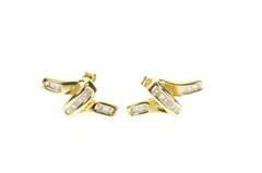 14K Yellow Gold Wavy Twist Baguette Diamond Loop Stud Earrings