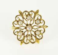 14K Yellow Gold 1950's Scroll Filigree Pearl Statement Pin/Brooch