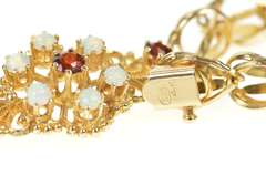 14K Yellow Gold Retro Ornate Opal Garnet Cluster Statement Bracelet