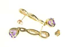 14K Yellow Gold Heart Amethyst Dangle Twist Bar Statement Earrings