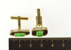 18K Yellow Gold Retro Jade Ornate Rounded Men's Cuff Links