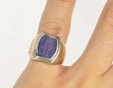 14K Yellow Gold Art Deco Etched Blue Chalcedony Monogram Ring