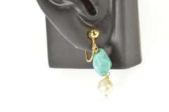 14K Yellow Gold Turquoise Pearl Drop Dangle Screw Back Earrings
