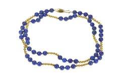 14K Yellow Gold Retro Lapis Lazuli Round Beaded Statement Necklace