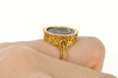 18K Yellow Gold Ornate Carved Black Onyx Intaglio Scrollwork Ring