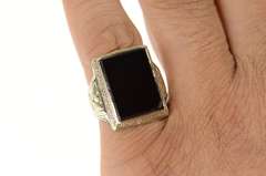 14K White Gold Art Deco Black Onyx Ornate Etched Statement Ring