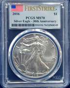 2016 $1 AMERICAN SILVER EAGLE PCGS MS70 FLAG FIRST STRIKE LABEL 30th ANNIVERSARY