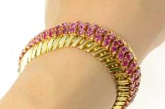 18K Yellow Gold 10.72 Ctw Natural Ruby Ornate Fishbone Link Bracelet