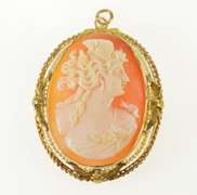 10K Yellow Gold Victorian Seed Pearl Carved Lady Cameo Pendant/Pin