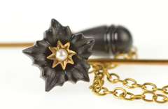 18K Yellow Gold Bakelite Flower Carved Tear Drop Seed Pearl Stick Pin