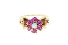 10K Yellow Gold 1960's Opal Syn. Ruby Halo Bow Statement Ring