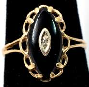 Vintage Gothic Onyx & Diamond Ring in Yellow Gold