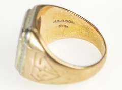 14K Yellow Gold Art Deco Etched Blue Chalcedony Monogram Ring