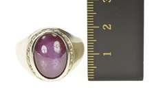 14K White Gold Oval Star Ruby Cabochon Diamond Halo Men's Ring