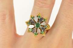 18K Yellow Gold Retro Two Tone Emerald Floral Rope Cocktail Ring