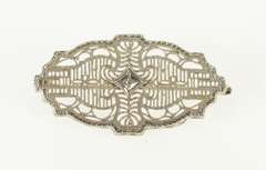 10K White Gold Diamond Inset Ornate Art Deco Filigree Pin/Brooch