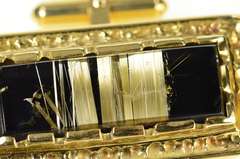 18K Yellow Gold Men's Rutilated Quartz Black Onyx Ornate Cuff Links