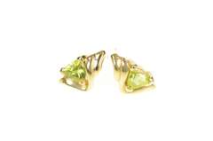 14K Yellow Gold Trillion Peridot Ornate Wavy Stud Earrings