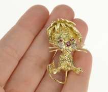 14K Yellow Gold Ruby Diamond Whisker Kitty Cat Retro Pin/Brooch