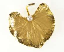 14K Yellow Gold Retro Huge Pearl Satin Finish Leaf Pin/Brooch