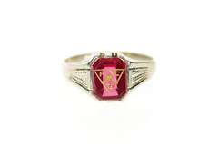 14K White Gold Art Deco Knights of Pythias Syn. Ruby Men's Ring
