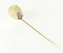 14K Yellow Gold Art Deco Carved Flower Diamond Accent Stick Pin