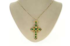 18K Yellow Gold 4.70 Ctw Victorian Natural Emerald Cross Pendant