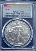 2016 $1 AMERICAN SILVER EAGLE PCGS MS70 FLAG FIRST STRIKE LABEL 30th ANNIVERSARY