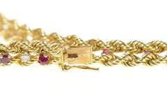 14K Yellow Gold Retro Ruby Diamond Rope Woven Chain Bracelet