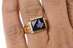 10K Yellow Gold Masonic Syn. Sapphire Diamond Accent Men's Ring