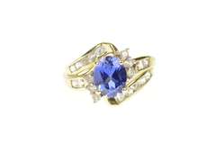 10K Yellow Gold Oval Syn. Sapphire CZ Bypass Statement Ring