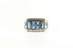 10K White Gold Squared Blue Topaz Squared Cluster Statement Ring