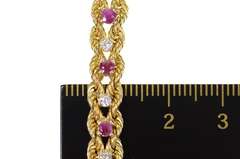 14K Yellow Gold Retro Ruby Diamond Rope Woven Chain Bracelet