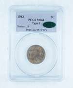 MS64 1913 Indian Head Buffalo Nickel - Type 1 - CAC - Graded PCGS