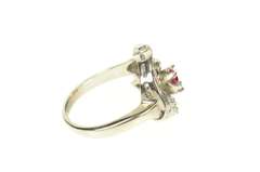 14K White Gold 1950's Ornate Syn. Ruby Diamond Leaf Swirl Ring