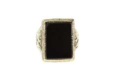 14K White Gold Art Deco Black Onyx Ornate Etched Statement Ring