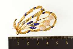 18K Yellow Gold Pink Coral Blue Enamel Ornate Floral Loop Pin/Brooch