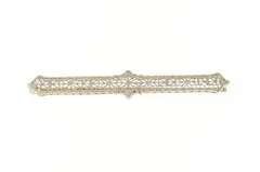 14K White Gold Art Deco Ornate Leaf Filigree Bar Pin/Brooch