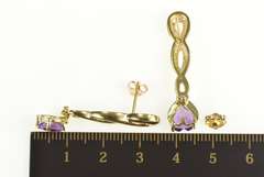 14K Yellow Gold Heart Amethyst Dangle Twist Bar Statement Earrings